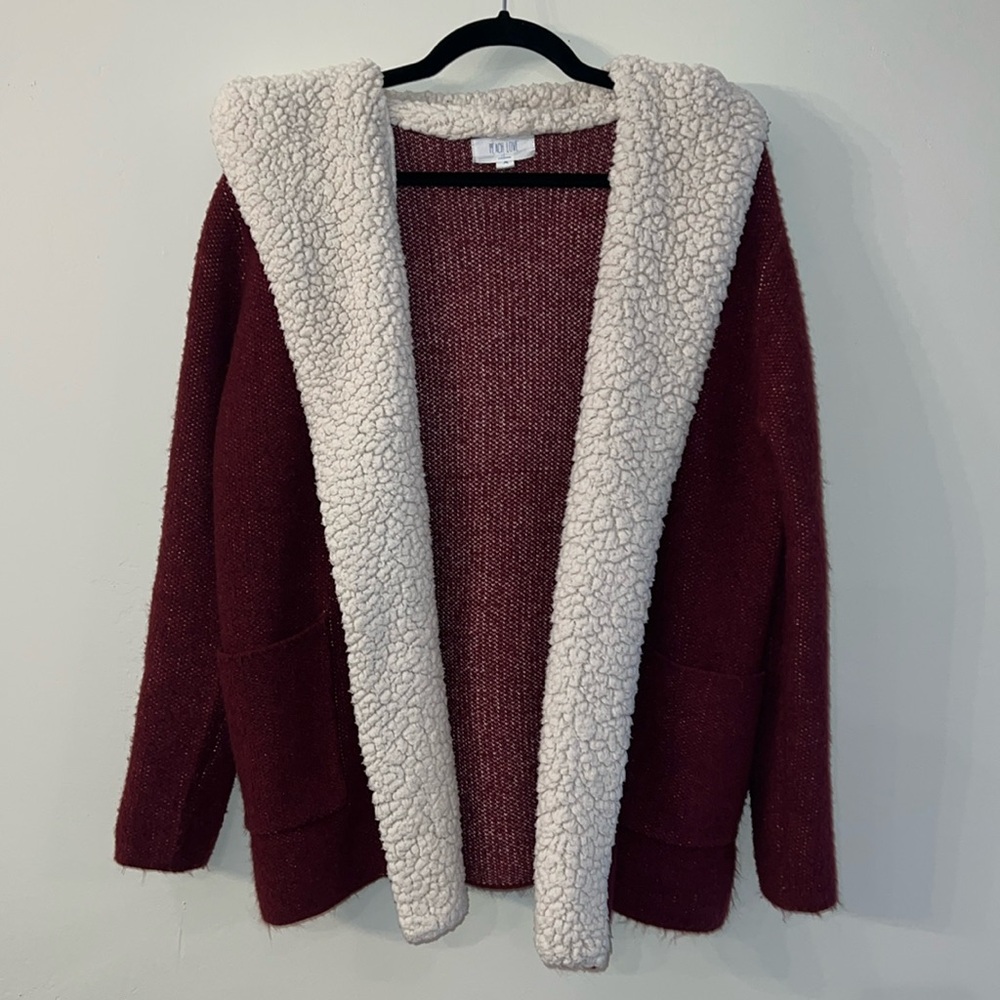 Peach Love California Open Front Hooded Cardigan Pockets Maroon Hooded Med